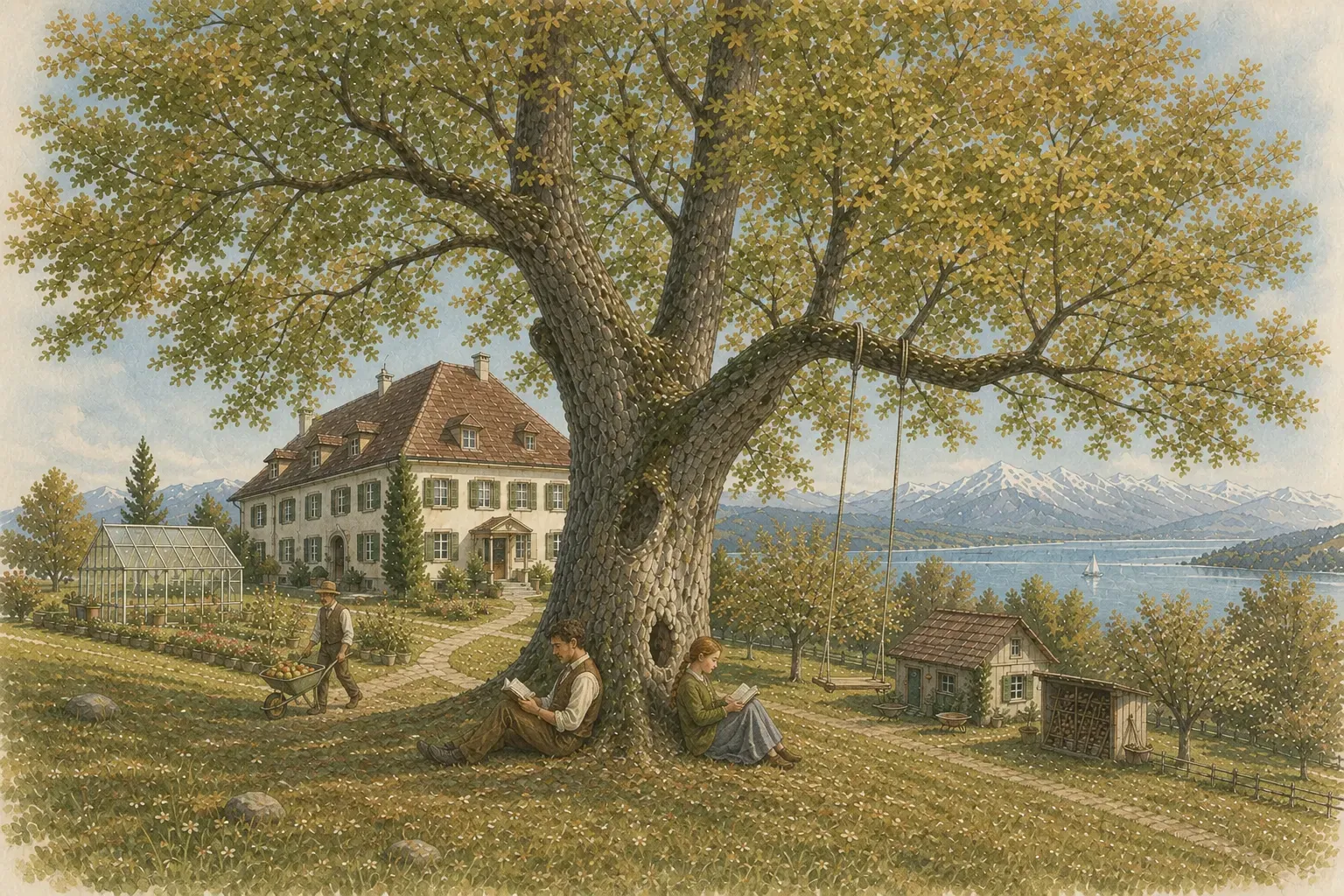 处暑的椴树庄园，女孩和父亲在渐黄的古树下读书，园丁推着装有早苹果的独轮车经过。